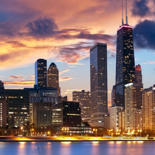 Chicago city skyline at night