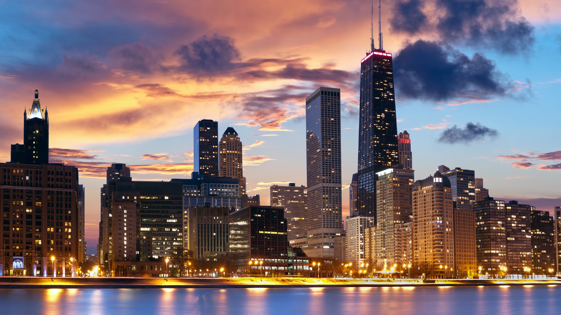 Chicago city skyline at night