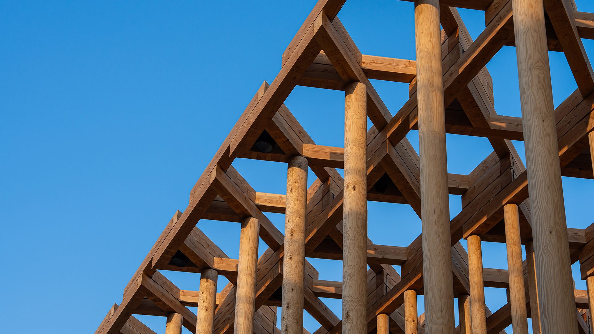 Upward angle showing the roof detail of timber beams and columns under clear blue sky.