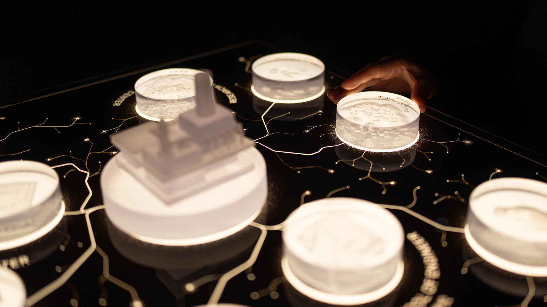 Close-up of lit display plinths with circular buttons and a hand reaching toward one of the illuminated discs.
