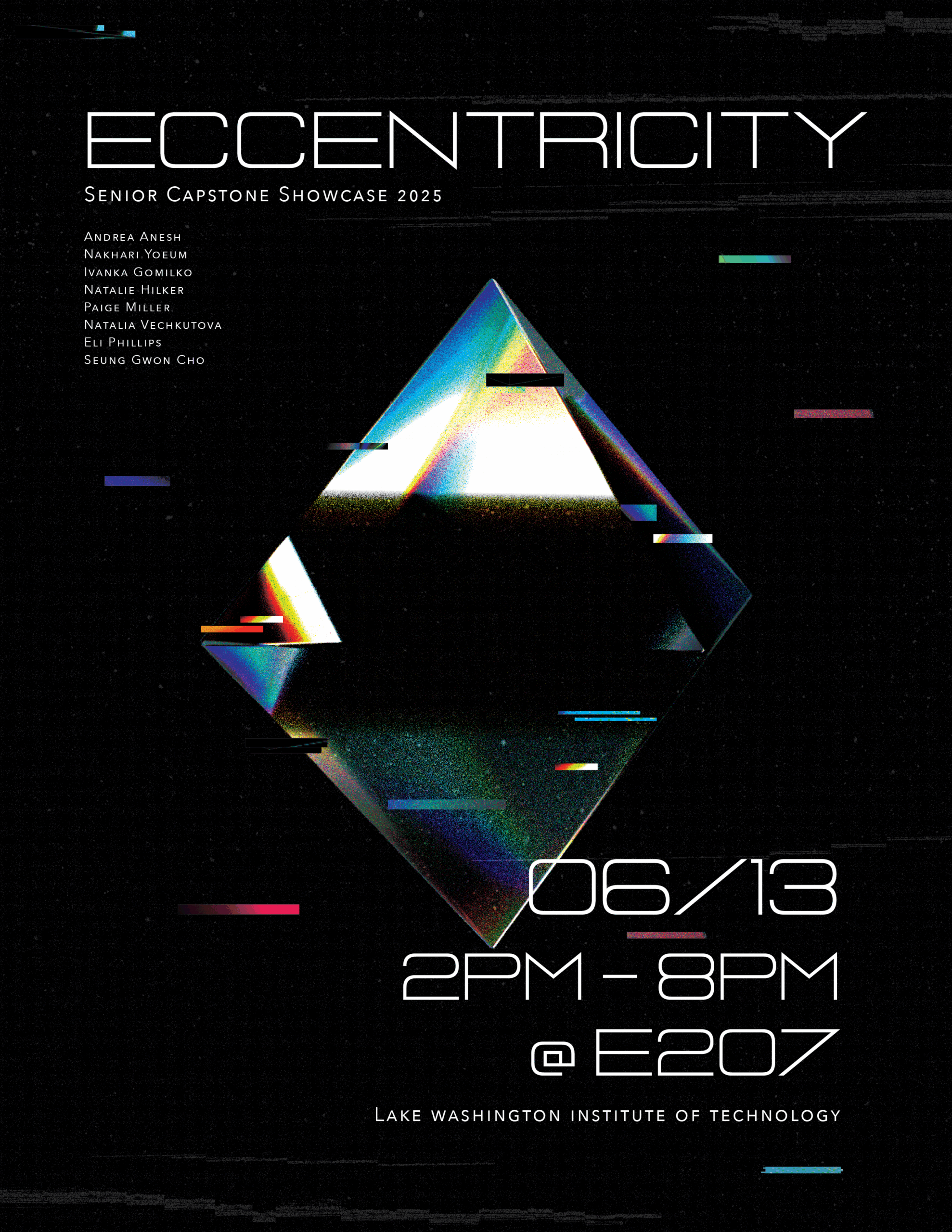 Poster for Lake Washington Institute of Technology Capstone Showcase 2025 titled "Eccentricity" with student names, date, and time.